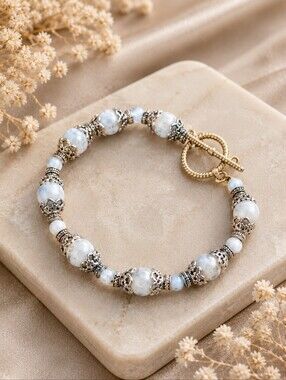 Handcrafted Blue Gemstone Beaded Bracelet Bali Boho Filigree Toggle Artisan CC
